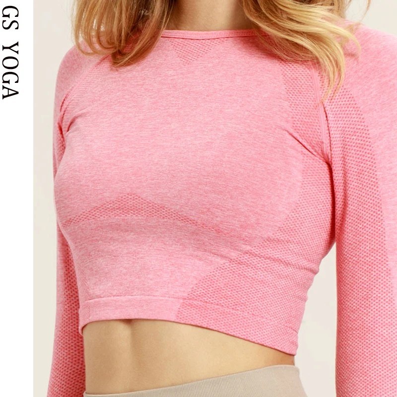 Женские розовые бесшовные рубашки для йоги укороченный Топ с длинным рукавом и