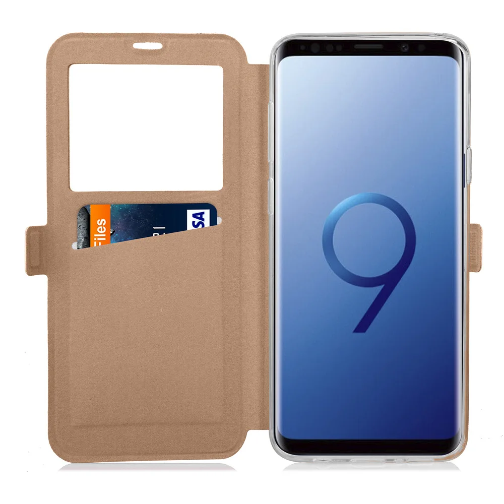 Окно бумажник чехол для Galaxy S9 флип-чехол из искусственной кожи защитный чехол крышка тонкий в виде книжки с подставкой с рисунком чехол для samsung Galaxy S9 плюс Чехол без искажения