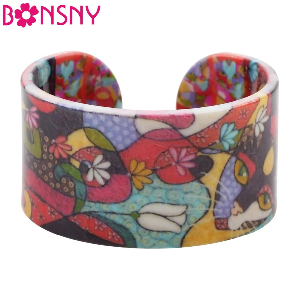 

Bonsny Acrylic Colorful Cat Pattern Love Wide Bracelets Bangles Jewelry For Women New Design Charm Summer Manchette Accessories