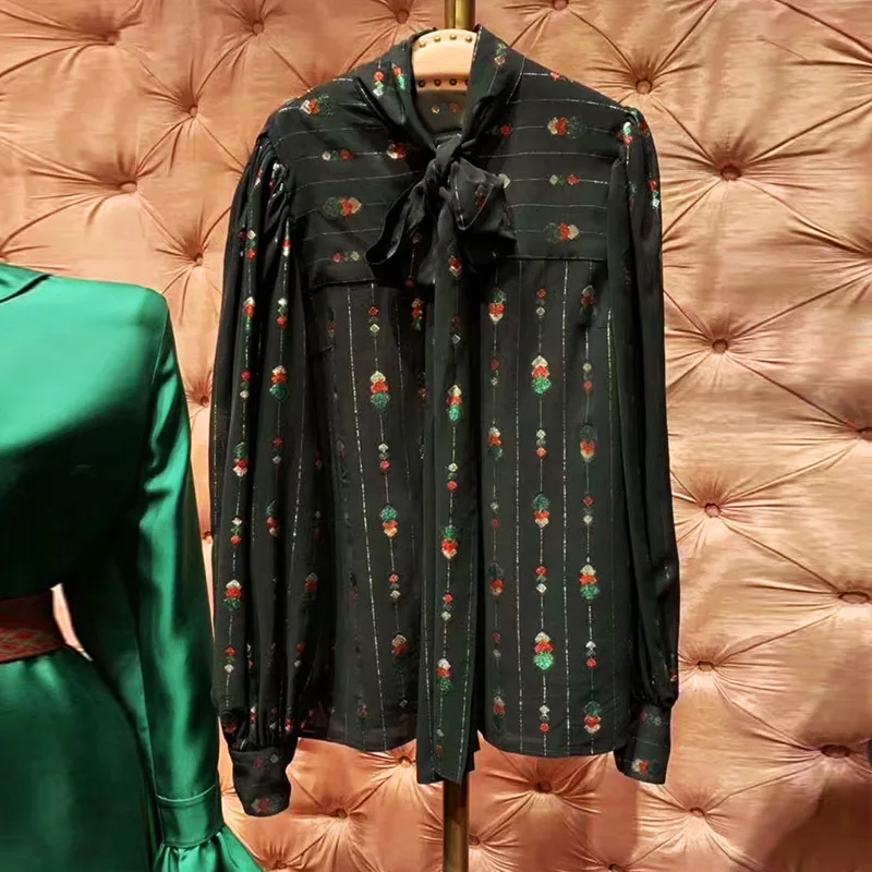 

Новинка; женская шифоновая блузка с вышивкой в полоску и бантом; Цвет Черный