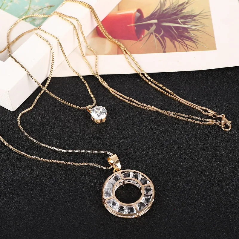 Модный Сияющий Циркон Камень круг Золотое Ожерелье Подвеска покрытая длинной