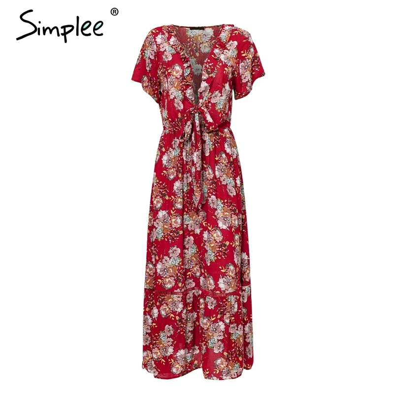 Женское летнее платье макси Simplee с цветочным принтом сексуальное красное пляжное