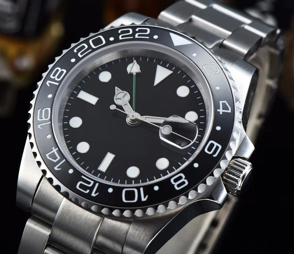 40 мм Для Мужчин's GMT часы черный стерильные циферблат Керамика ободок сапфировое
