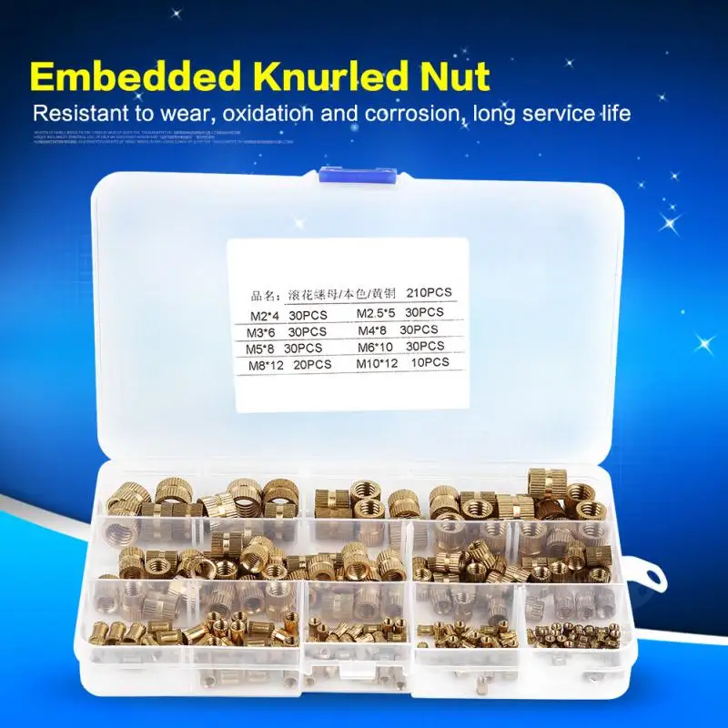 Knurled Nut Brass nuts Cylinder Threaded Round Insert Embedded Nuts 210Pcs/Set | Обустройство дома