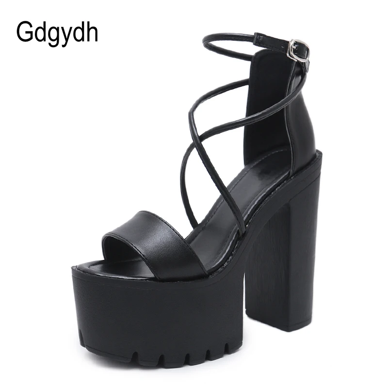 Женские босоножки на платформе Gdgydh черные кожаные очень высоком каблуке с