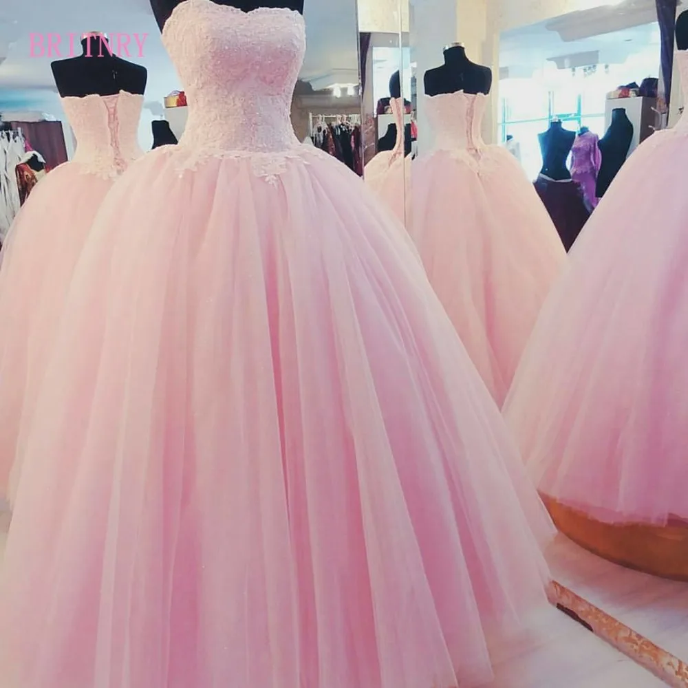 

2018 Lace Pink Wedding Dress Sweetheart Tulle Beaded Dresses Floor Length Ball Gowns Vestidos De Novia