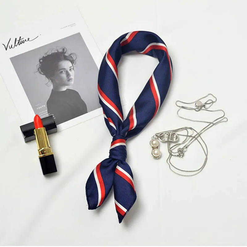Navy blue stripes Женские шарфы, мода, цифровая печать, имитация шелка, шарф для дам, подгонка бабочки, винтажный маленький квадратный шарф - Цвет: Navy blue stripes
