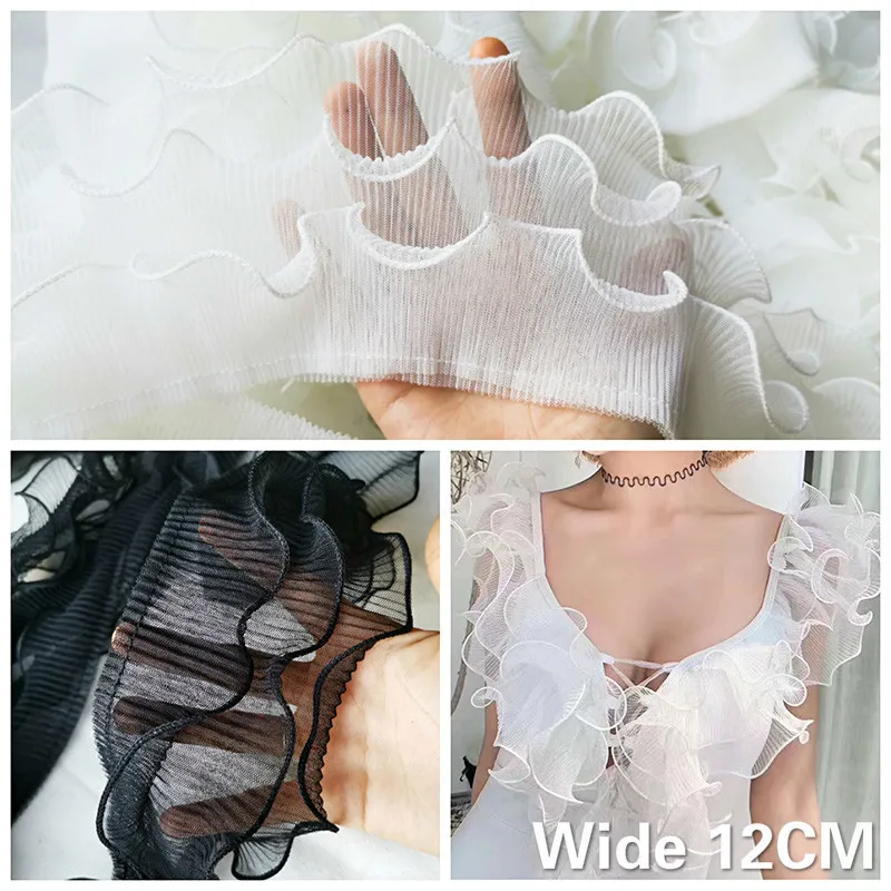 

12CM Wide Three Layers White Black Elastic Ruffle Trim 3D Lace Pleated Ribbon Wedding Dress Fluffy Skirt DIY Sewing Fringe Decor