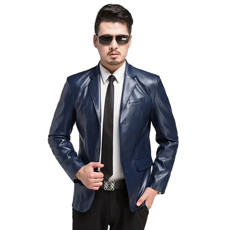 2016 Зимний однобортный мужской кожаный пиджак с отложным воротником из