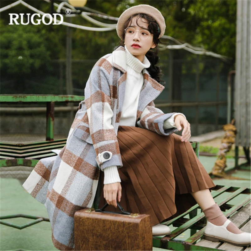 RUGOD Новое корейское цветное шерстяное пальто женское зимнее толстое в клетку