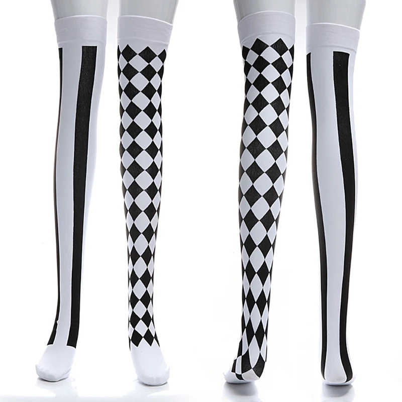 

Clown Costume Black White Plaid Knee-High Long Socks Halloween Carnival Party