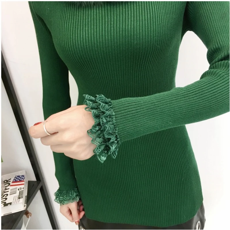 Autumn Women knit Sweater Pullover 2020 New Lace Bottom Shirt Long Sleeve Ruffle Slim Pull Knit Half Turtleneck ladies sweater | Женская