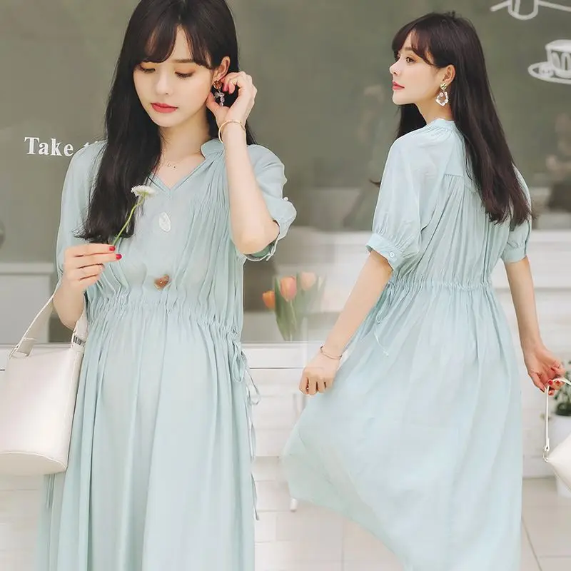 Women's Short Sleeve Maternity Dresses Green Casual Summer Fashion Long Pregnancy Clothes Ruched Fitted Pregnant Bodycon Dress | Мать и