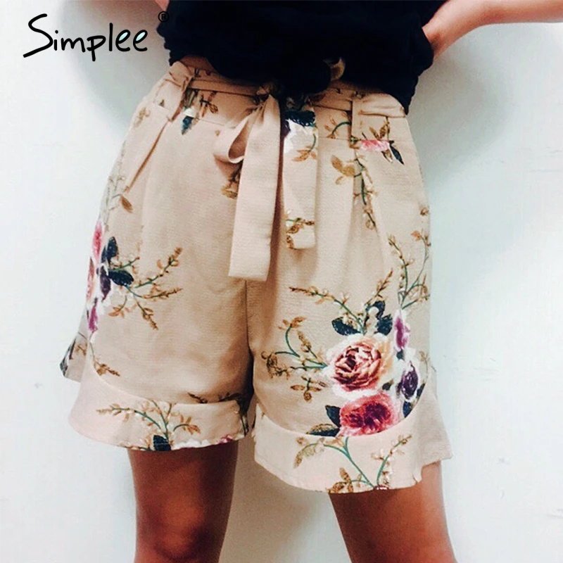 Шорты с цветочным принтом Simplee женские летняя пляжная на кулиске бантом ремне