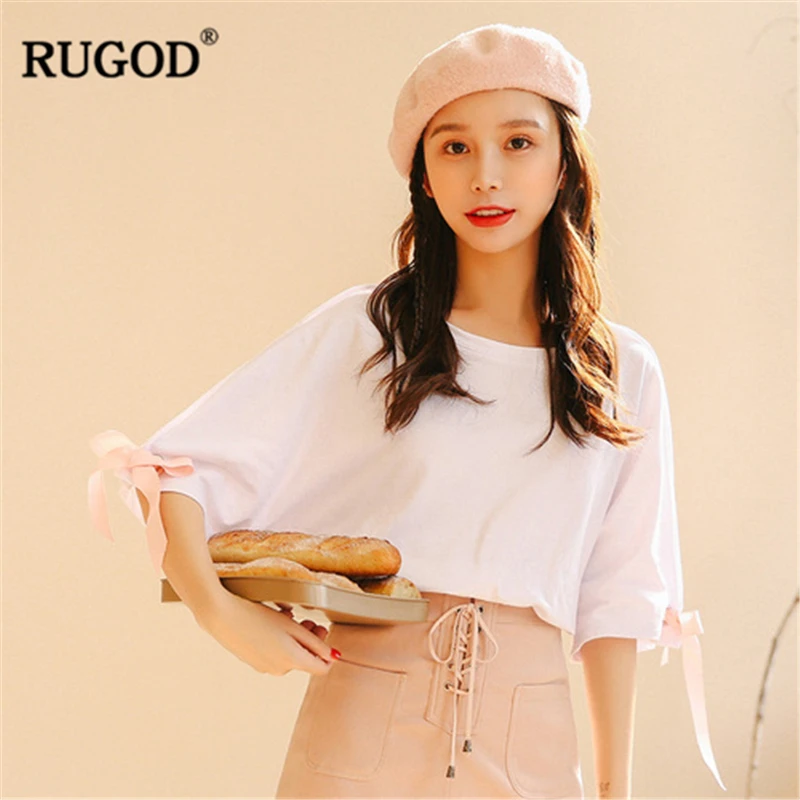 Женская футболка с бантом RUGOD белая свободная короткими рукавами и круглым