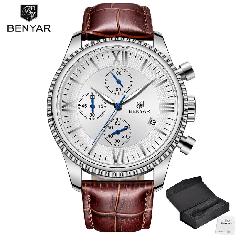 5129-Silver white BENYAR мужские часы/хронограф/Кварцевые часы мужские наручные часы кожа мужские часы Бизнес Мужские часы Relogio Masculino Новинка - Цвет: 5129-Silver white