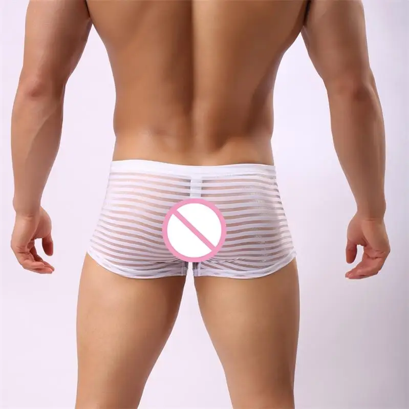 Модные прозрачные мужские боксеры, сексуальное Сетчатое прозрачное Полосатое нижнее белье, прозрачные трусы-боксеры, сетчатые трусы Masculina Cuecas - Цвет: White