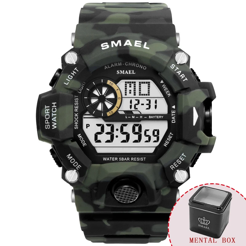 ArmyGreenBox Цифровые часы для мужчин, светодиодный дисплей, SMAEL, мужские часы, спортивные часы для мужчин, водонепроницаемые, relogio masculino1385C, белые цифровые часы для мужчин - Цвет: ArmyGreenBox