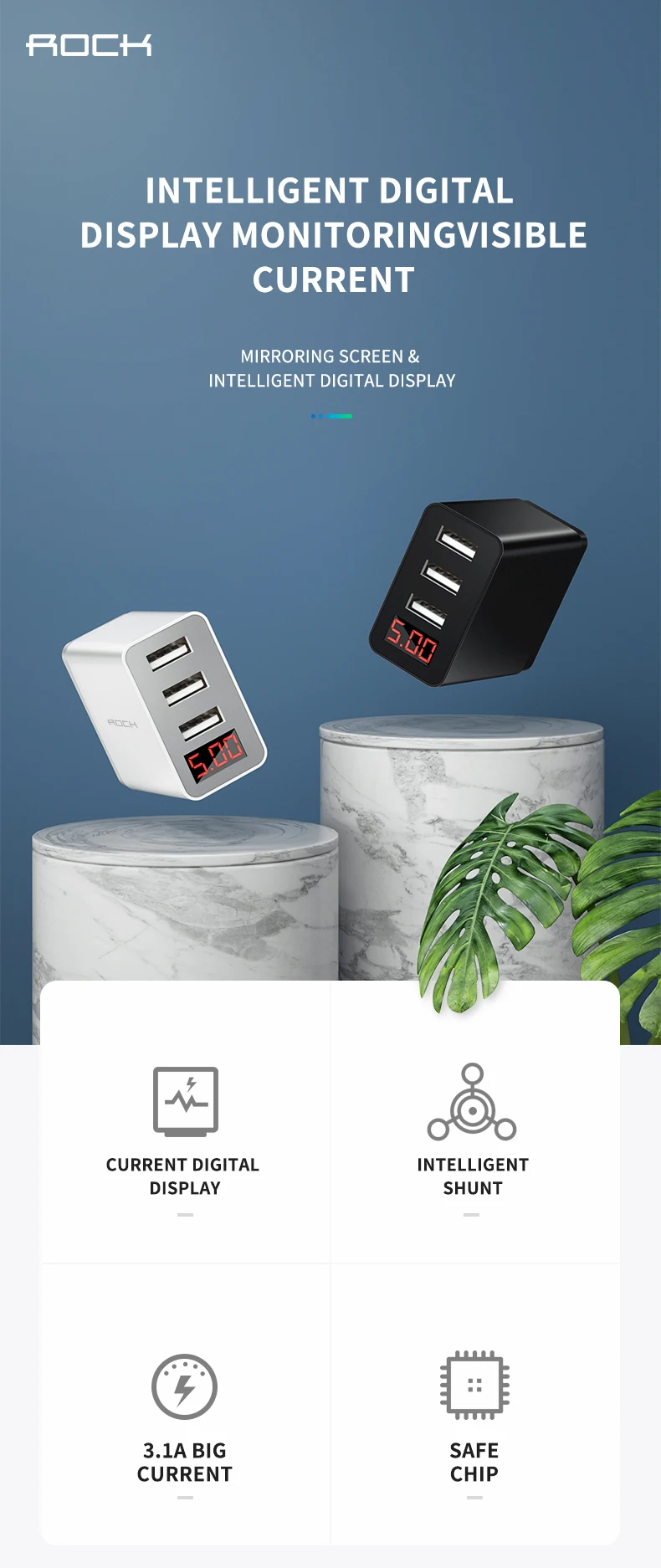ROCK 3 Port USB Phone Charger LED Display EU Plug Total Max 3.4A Smart Fast Charger Mobile Wall Charger for iPhone iPad Samsung