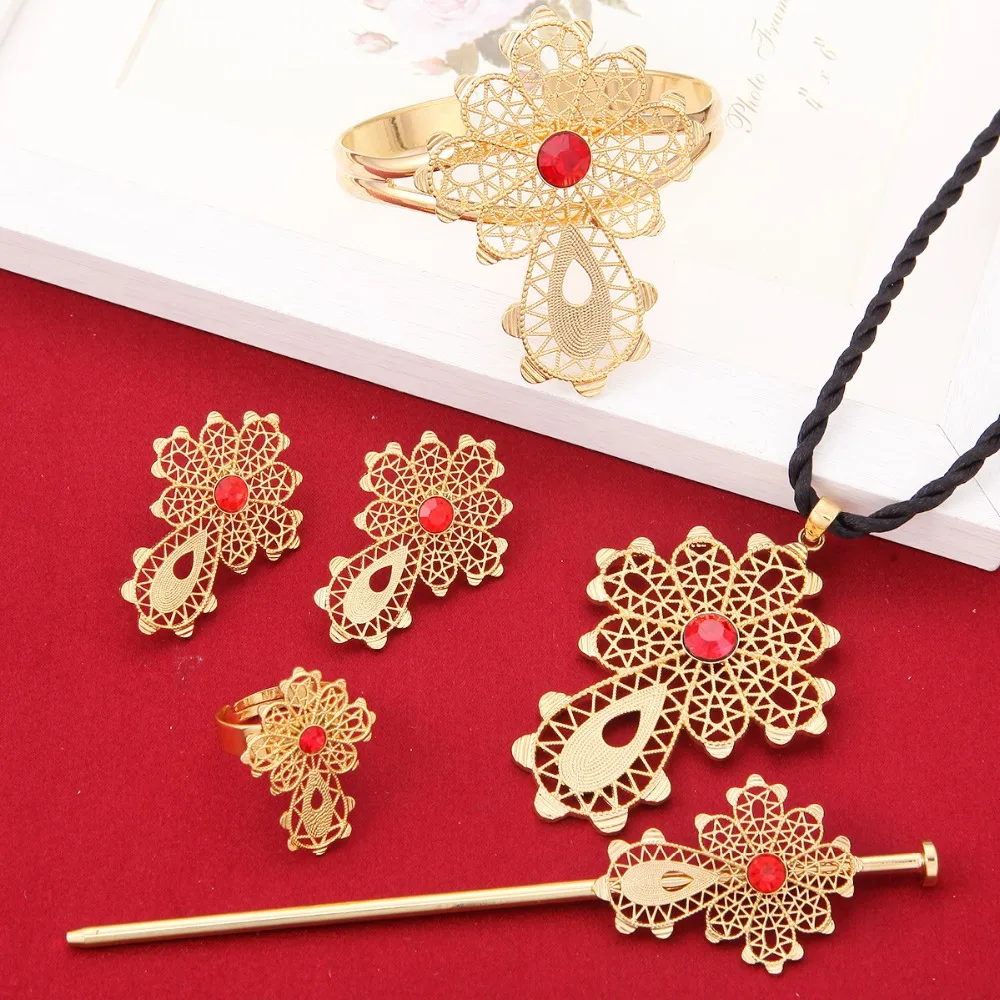 Новейший комплект ювелирных украшений из эфиопского Креста 24 к золотого цвета