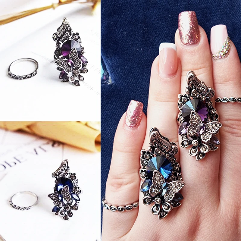 

2PCS Luxury Crystal Butterfly Index Finger Ring Set Party Vintage European Blue Purple Big Rhinestone Ring Wedding Jewelry Women