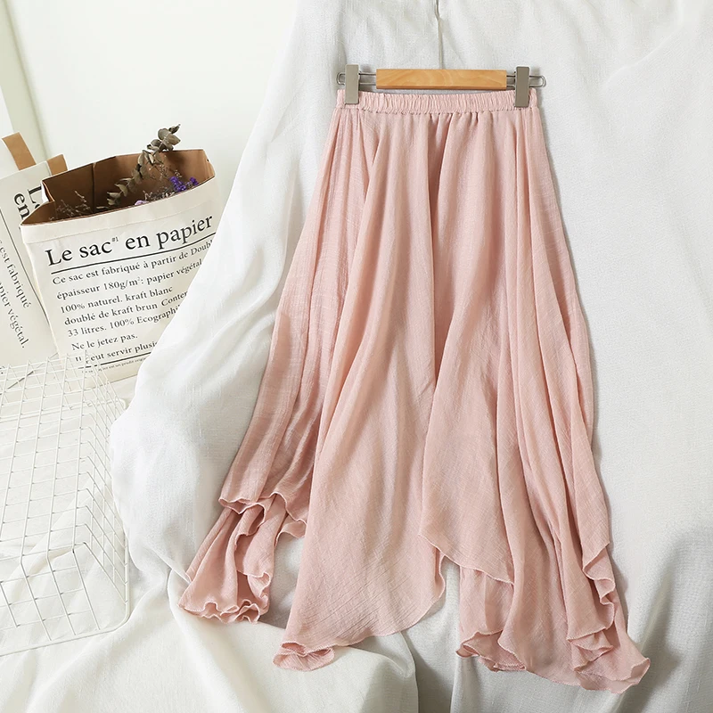 Летние льняные юбки эластичные Высокие Низкие Необычные трапециевидные крутые и