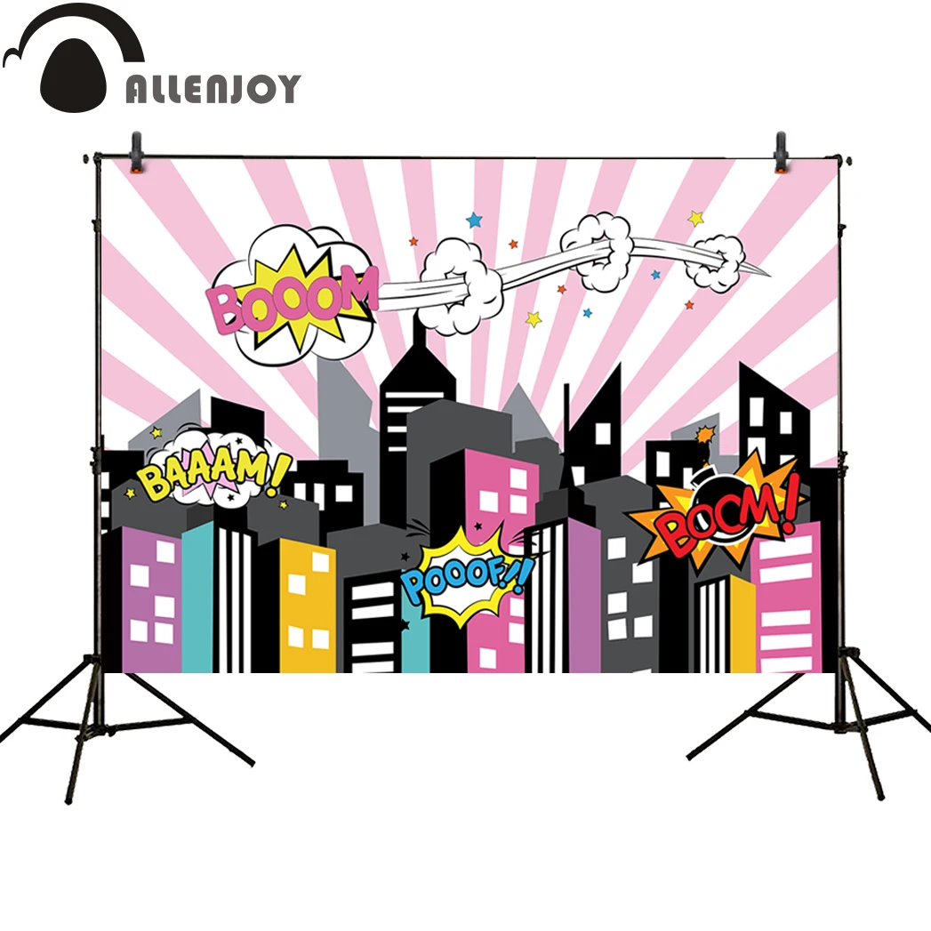 Allenjoy фон для фотостудии розовая девочка мультфильм город здание супергероя