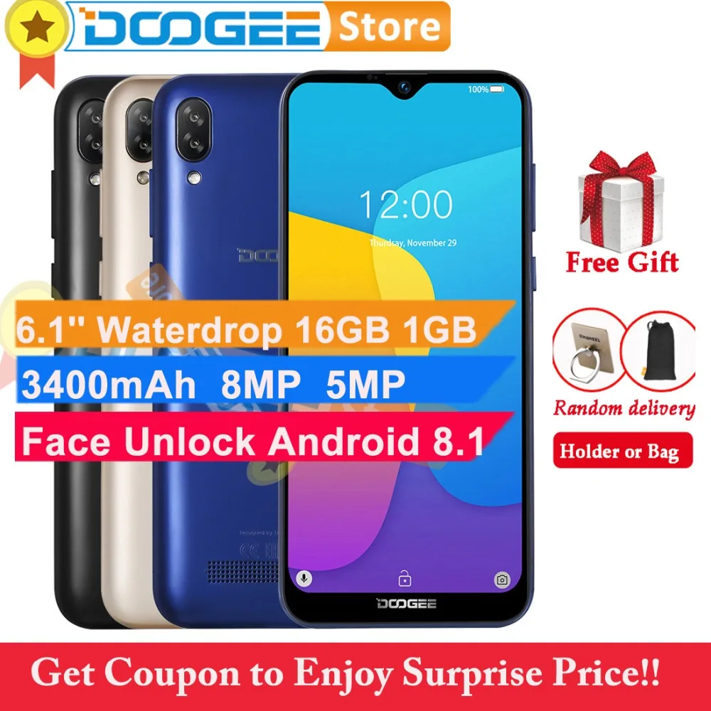 Doogee Y8C 16 ГБ 1 Android 8 сотовый телефон экран капли 6 'ཏ:9 лицо разблокирован 3400 мАч 3g