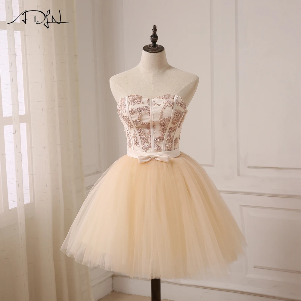 ADLN вечерние платья цвета шампана короткая возлюбленная безрукий Тюль A Line