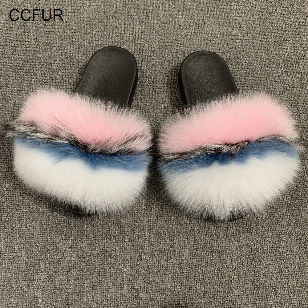 CCFUR New Colors Summer Slides Women's Real Fox Fur Slippers Fluffy Fur Sliders Mixed Color Fashion Lady S6048