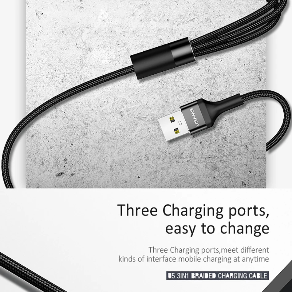 3 в 1 Кабели для мобильных телефонов, USAMS usb кабель usb-c для samsung нейлоновый Micro usb кабель для зарядки для iPhone x 8 type c кабель Шнур