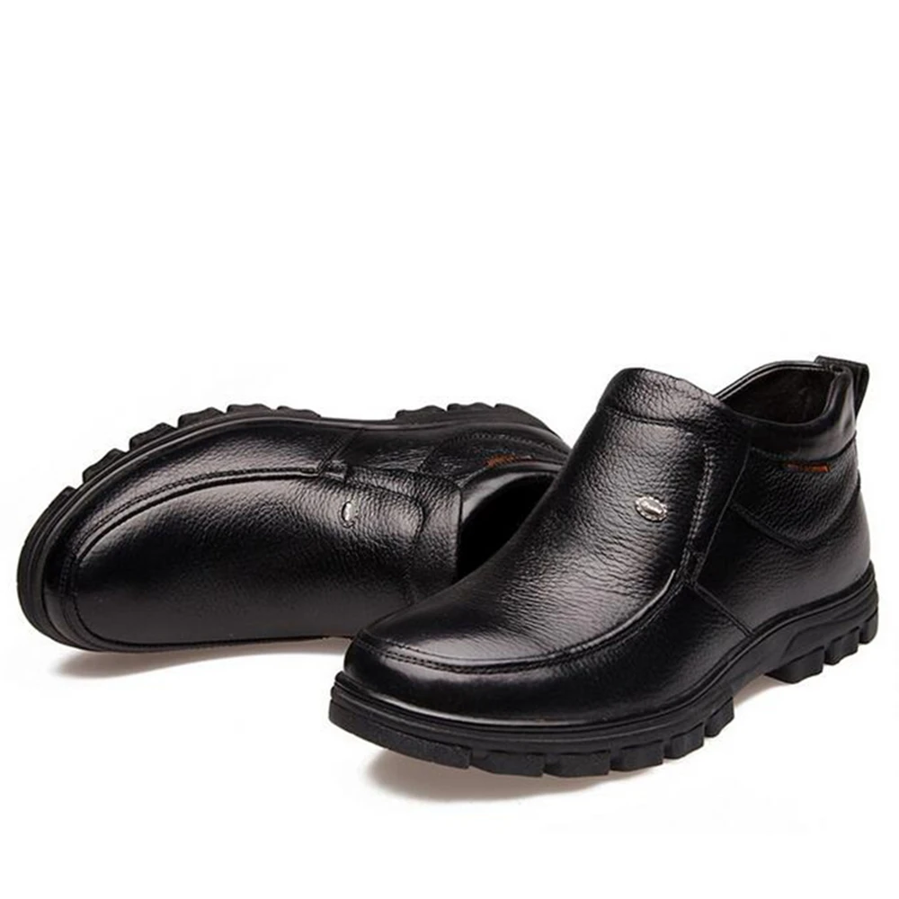 QFFAZ New Winter High Quality Genuine Leather Men Shoes warm Boots Casual Brand Man Soft Comfortable Fur Snow shoes | Обувь