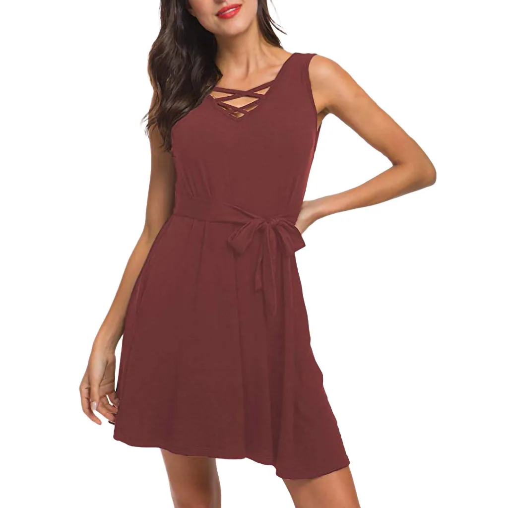 Женское платье без рукавов с v образным вырезом на шнуровке футболка