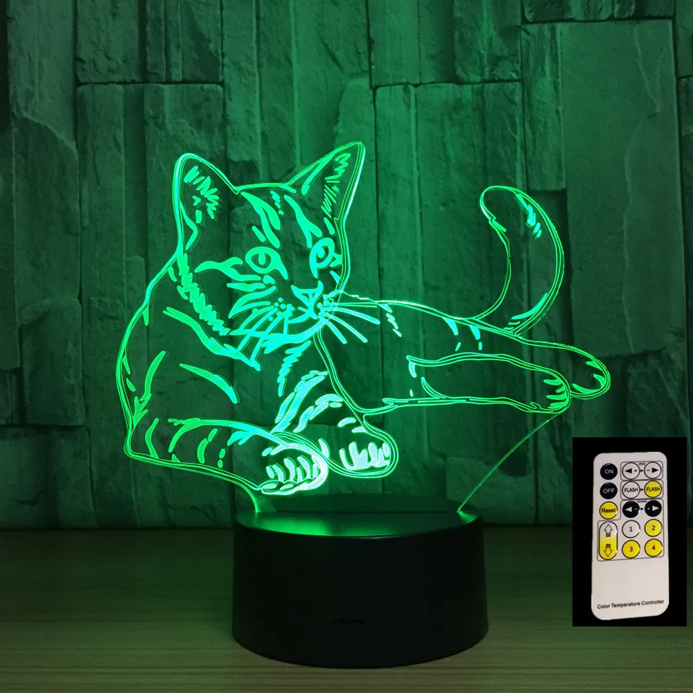 Пульт дистанционного управления лежащий Кот 7 цветов 3D светодиодный ночник USB 3AA