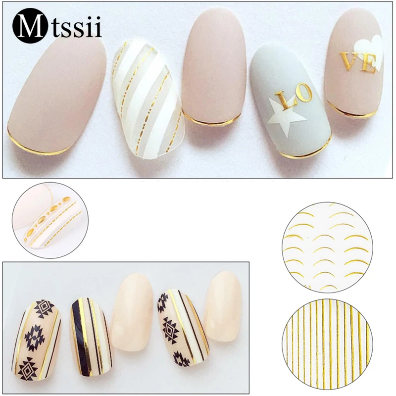 Mtssii 1 лист полоса Nail Книги по искусству Стикеры цвет серебристый Золотой Металл
