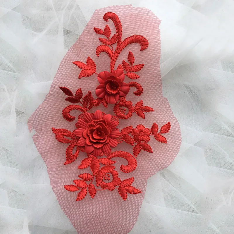 Красный 3D вышивка цветок свадебное платье вуаль DIY Мода Шарм Горячие новые кружевные патчи Тюль Свадебная аппликация 1 шт. аксессуары - Цвет: Красный