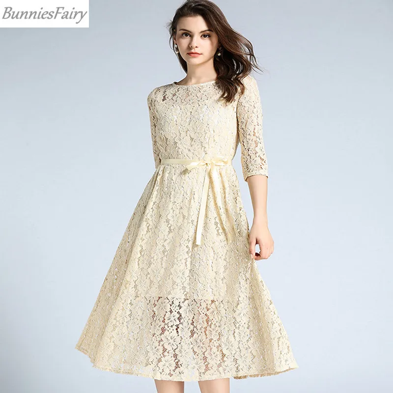 BunniesFairy 2018 Осень Зима Женское цветочное Кружевное платье миди с поясом и