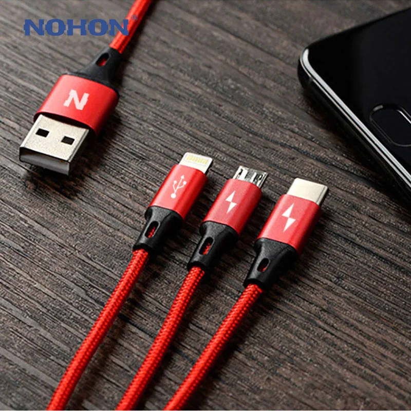 Оригинальный кабель NOHON 3 в 1 Type C 8Pin Micro USB для iPhone 7 6 6S Plus iOS 10 9 8 Samsung Xiaomi Nokia быстрой