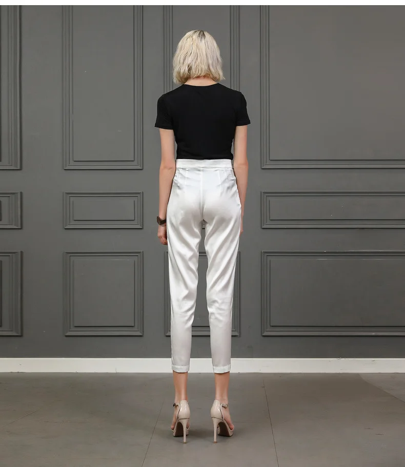 VOA мода простой белый шелк средней талии Slim fit диких девять брюки коммутирующих карандаш брюки K2535