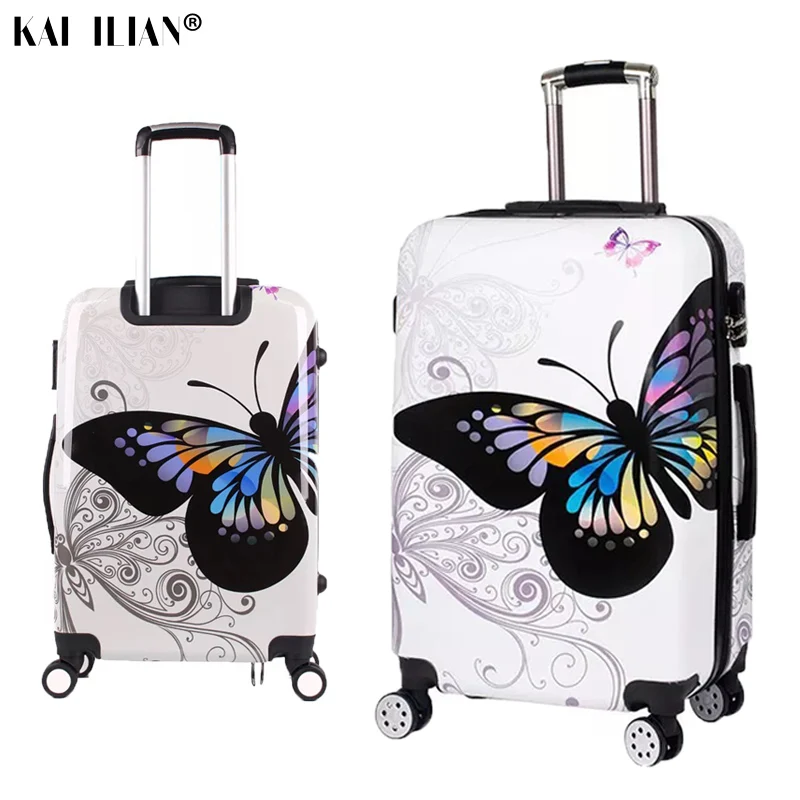 20/24/28   suitcase on wheels Women travel trolley rolling luggage double face butterfly fashion Student spinner cabin luggage