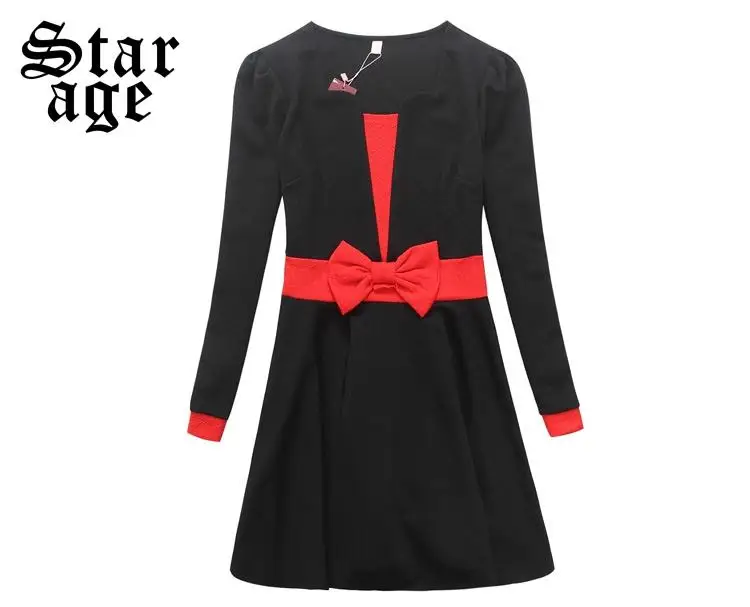 Женские платья-трапеции контрастных цветов с длинным рукавом и бантом осенняя