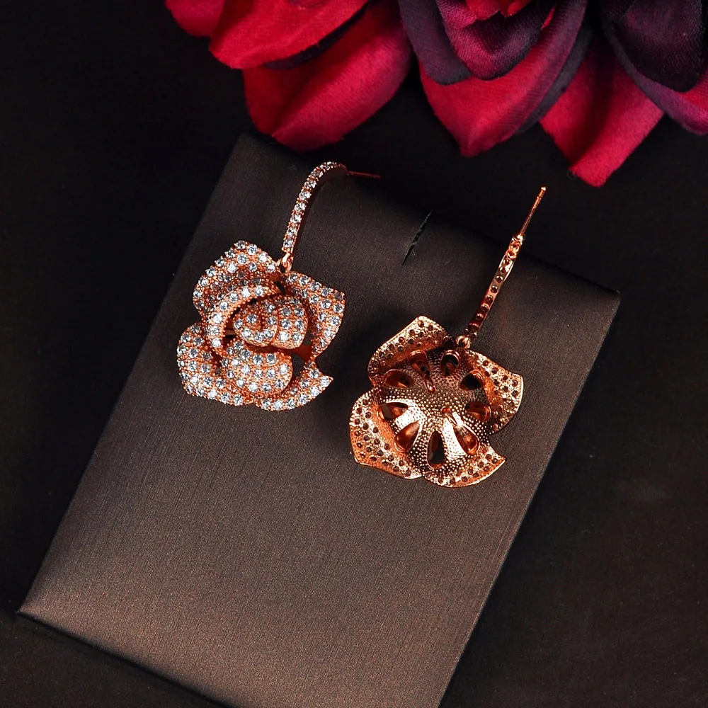 HIBRIDE модные роскошные серьги подвески цвета розового золота в форме цветка для