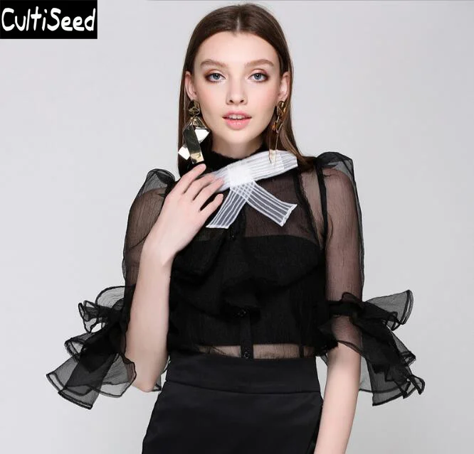 Женская прозрачная ажурная сетчатая пряжа элегантная женская офисная рубашка с