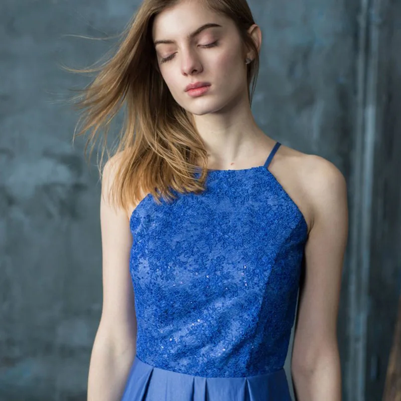 Очаровательные дешевые длинные синие атласные платья на бретелях-спагетти с