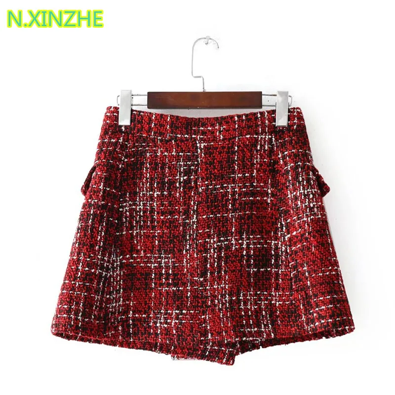2018 Женская одежда с высокой талией и пуговицами твидовая клетчатая юбка женская