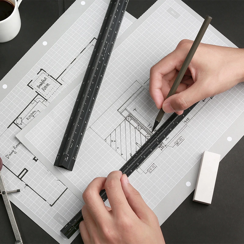 Cena TUTU Wysokiej Jakości Kolorowe 30cm Aluminium Trójkątne Linijka Krawiecka Aluminium 1:20-1: 600 Alloy Metal Scale Regua Desenho H0046