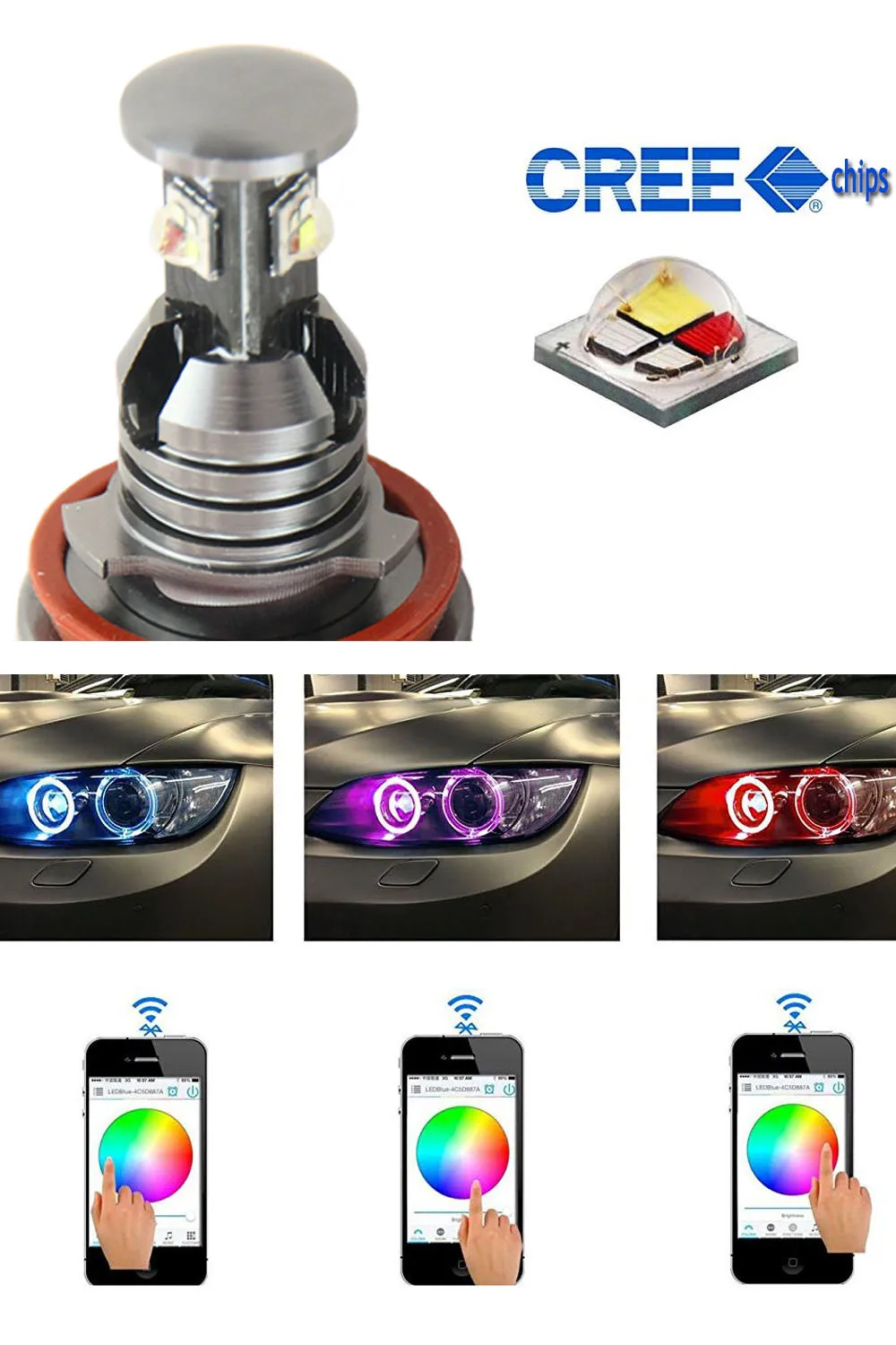 Кольцевые светодиодные фары с ангельскими глазами 2x чипы Cree H8 36 Вт Wi-Fi RGB для BMW E60