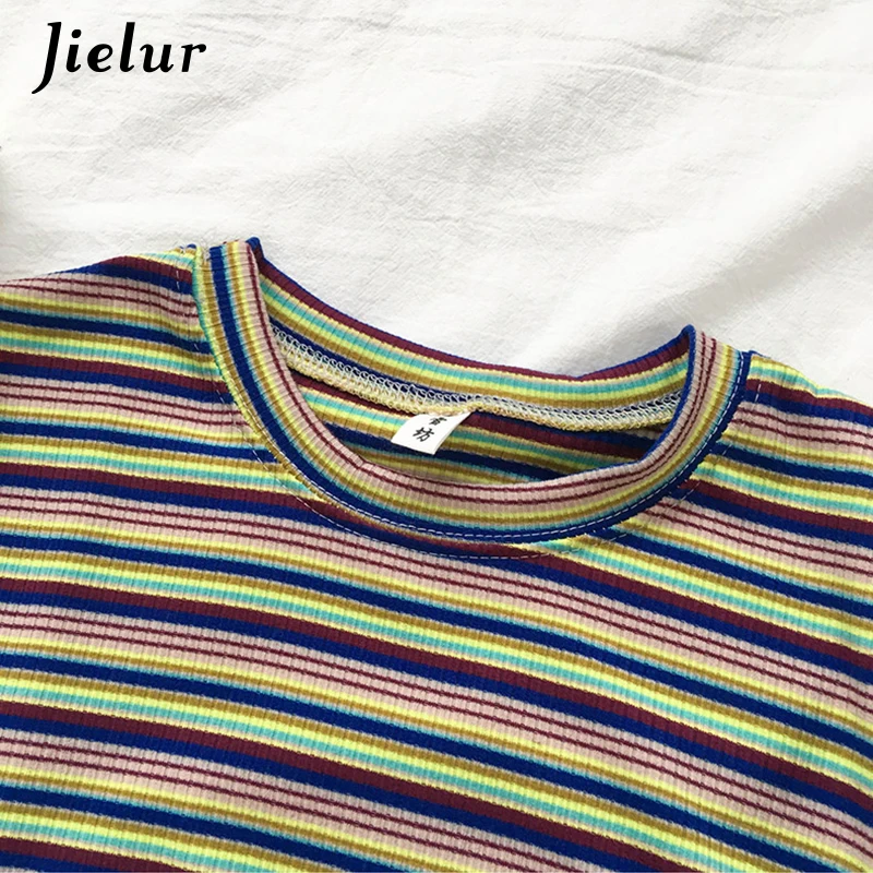 Jielur/красные желтые синие женские футболки в полоску 2019 г. Корейская футболка Ulzzang