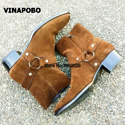 VINAPOBO/; черные мужские ботинки «Челси» из натуральной кожи на плоской подошве с ремешком и пряжкой и цепочкой; ботильоны с эластичными лентами; Роскошная Брендовая обувь - Цвет: as the pircture