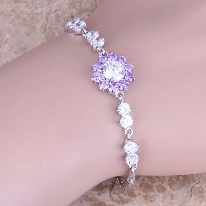 Великолепный браслет-цепочка из фиолетового/белого фианита с серебряным